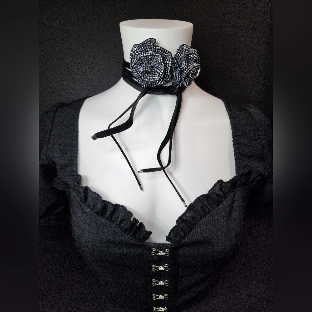 Black Rhinestone Rose Long Tie Choker Necklace
